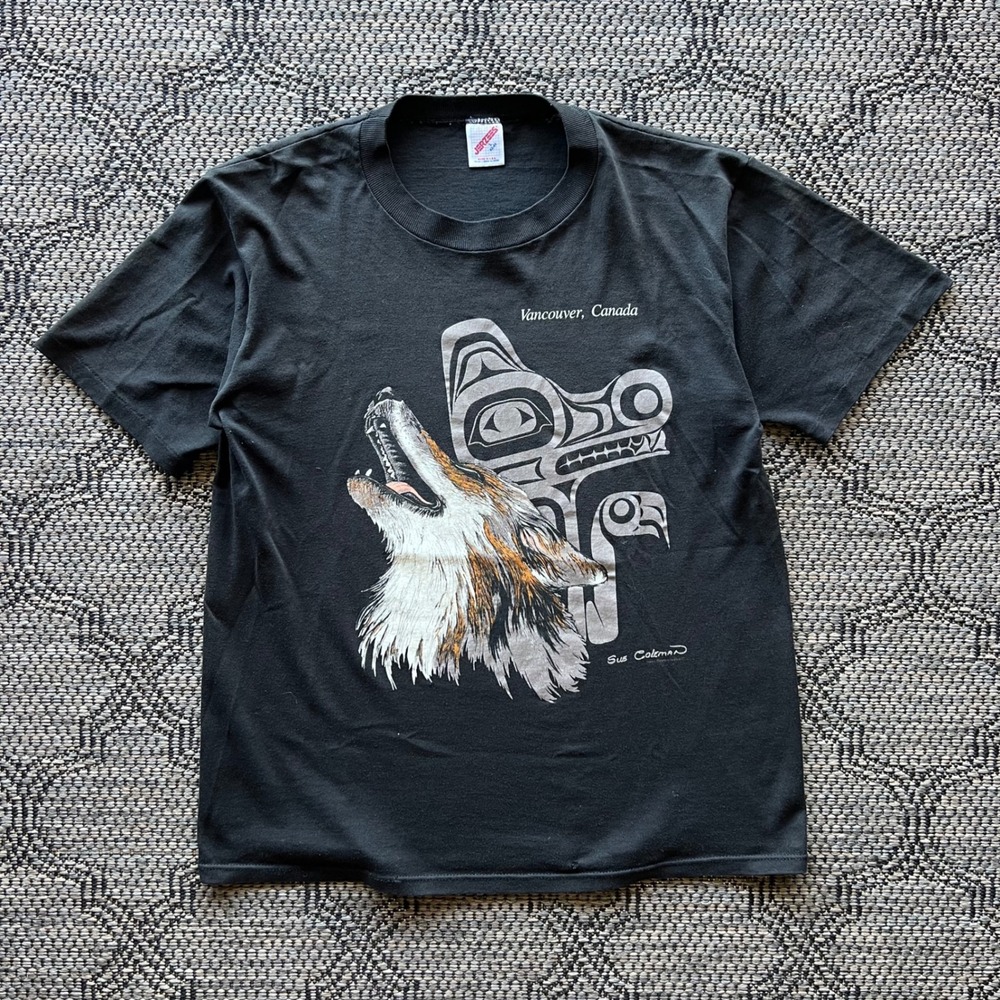 Vintage Wolf T-Shirt Mens Large Black Nature Animal Vancouver Canada Outdoors